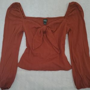 Orange Puff Sleeve Tie Front Top